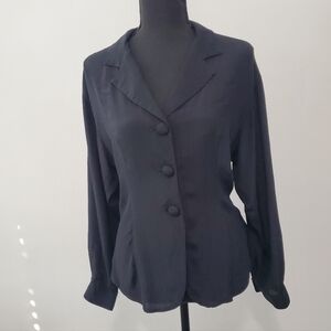 Vintage 90s Women's Black Blazer long sleeve button up blouse 100% Rayon Size M